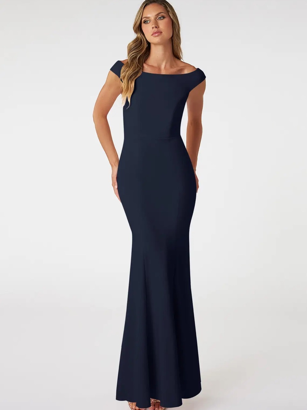 Azazie Nicolina Dark Navy Mermaid Boatneck Evening Stretch Crepe Dress